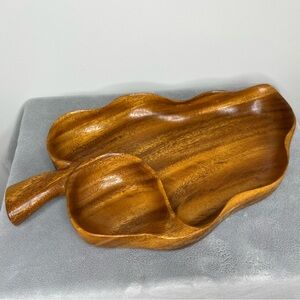 Vintage MCM Monkey Pod Wood Bowl Separated Leaf Design Signed